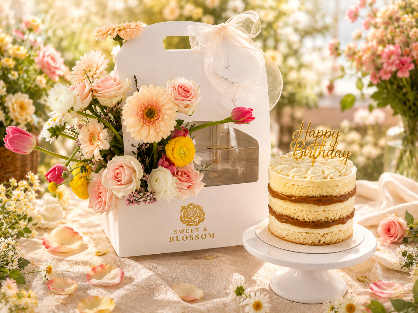 Flower Cake Box 🌸 | Cake + Fresh Floral Arrangement