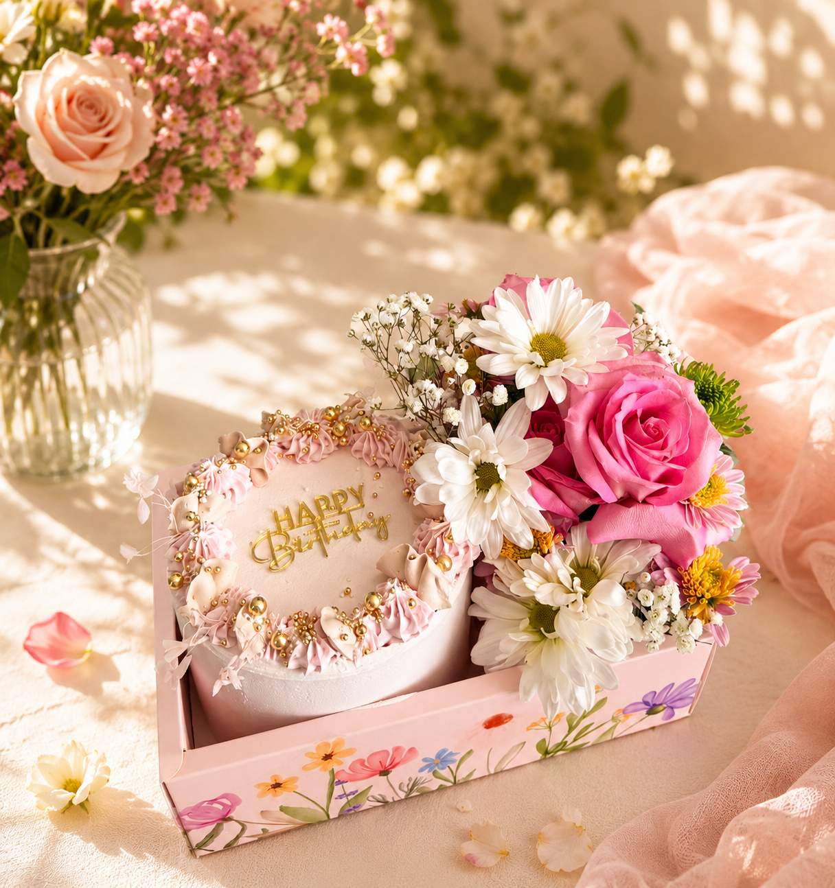 Sweet Flower Box 🌸 | Cake + Fresh Floral Arrangement