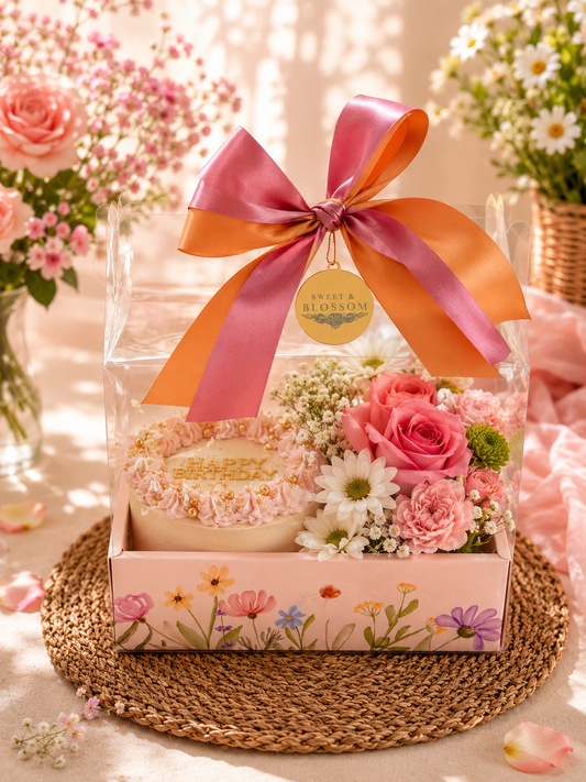 Sweet Flower Box 🌸 | Cake + Fresh Floral Arrangement